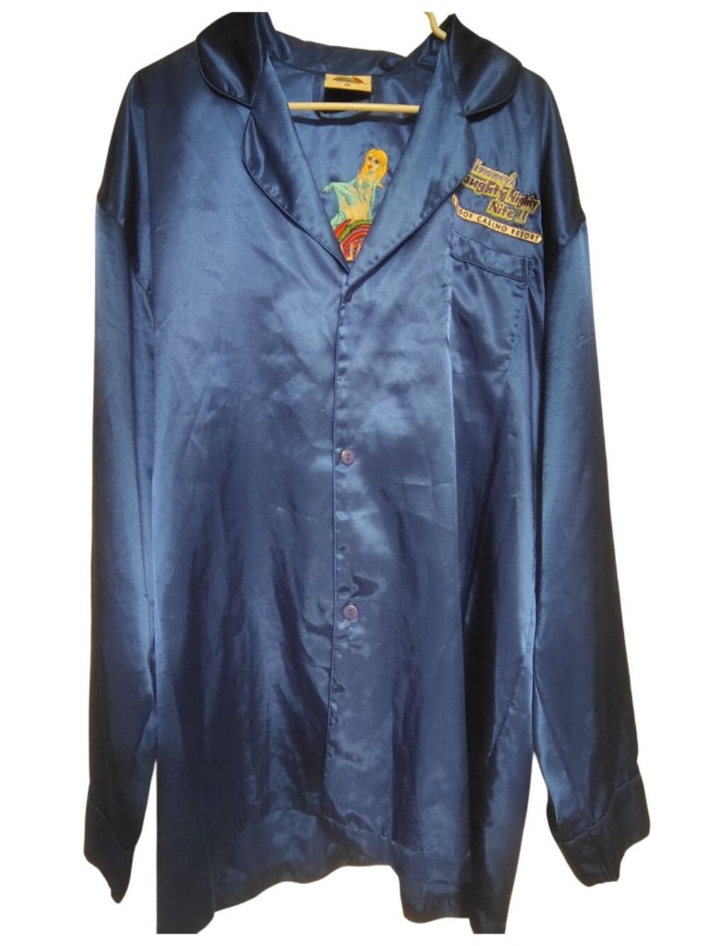Vintage 2XL Palms Casino Jimmy's Naughty Nighty Nite II Blue Satin Sleep Shirt